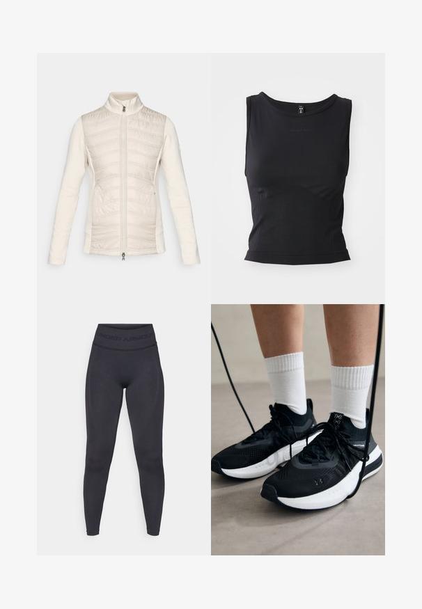 Lengvas kreminės spalvos užtrauktukas džemperis, išklotas priekinis paviršius su horizontaliomis siūlėmis, lygūs rankoviai, aukštas apykaklė ir dvi šoninės kišenės.; Juodas be rankovių sportinis marškinėlis, pagamintas iš lygaus audinio, su apvaliu iškirpimu ir prigludusia siluetu, su subtiliu logotipo akcentu.; Juodos leggingai su aukštu elastiniu juosmeniu, kuriame yra tekstas "UNDER ARMOUR". Lygus paviršius su subtiliais raštų akcentais palei kojas.; Juodi sportiniai batai su tekstūruotu audiniu, balta padu ir juodais raiščiais. Dėvimi su baltais raištiniais kojiniais, stovint lengvame paviršiuje.