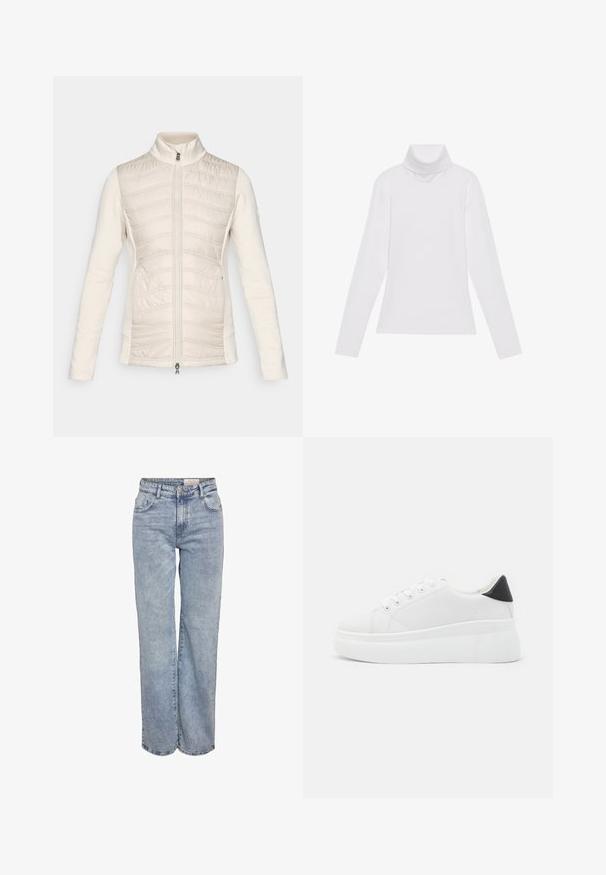 Lehká krémová zipová bunda, prošívaný přední díl s horizontálním prošíváním, hladké rukávy, vysoký límec a dvě boční kapsy.; Bílý dlouhý rukáv rolák vyrobený z hladkého, elastického materiálu. Má vysoký límec a přiléhavý střih, bez viditelných vzorů nebo ozdob.; Světle modré široké džíny vyrobené z denimové tkaniny, s vysokým pasem, designem se šesti kapsami a jemným zesvětlením pro opotřebovaný vzhled.; Bílé platformové tenisky vyrobené z hladkého syntetického materiálu, s kulatou špičkou, šněrováním a texturovanou gumovou podrážkou. Černý akcent na patě.