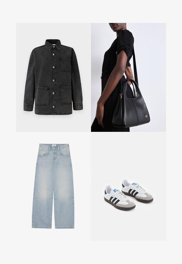 Czarna kurtka dżinsowa z kołnierzem, dwoma przednimi kieszeniami i srebrnymi zatrzaskami. Materiał ma lekko postarzaną fakturę.; Dwa bezrękawnikowe body w oliwkowej zieleni i czerni. Wykonane z gładkiego materiału, z okrągłym dekoltem i wysokim krojem nogawki.; Jasnoniebieskie dżinsy o szerokich nogawkach z wysokim stanem, pięcioma kieszeniami i delikatnym wyblaknięciem; mają kontrastowe przeszycia i zapięcie na guzik.; Buty sportowe z białą skórzaną cholewką, szarym zamszowym noskiem i trzema czarnymi paskami. Posiadają niebieskie logo na języku oraz teksturowaną gumową podeszwę.; Czarna skórzana torebka w kształcie hobo, z gładką fakturą, zaokrąglonym szczytem i złotymi akcentami.