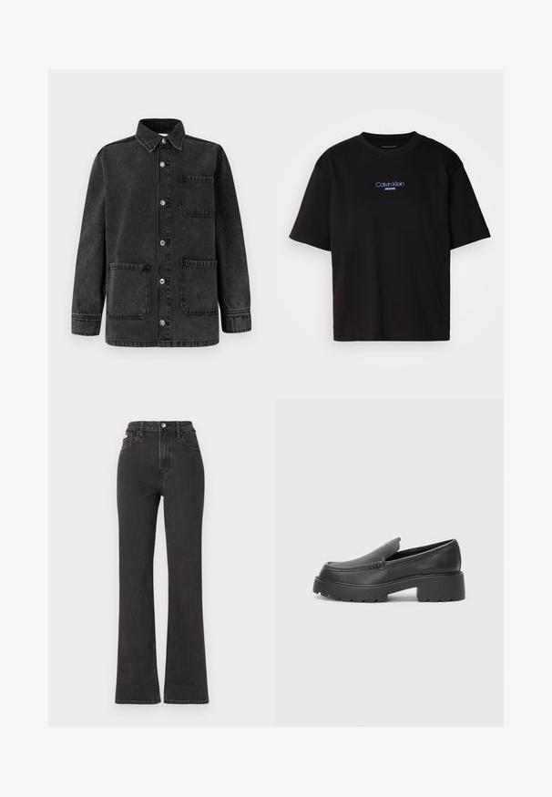 Black denim jacket featuring a collared design, two front pockets, and silver snap buttons. The fabric has a slightly distressed texture.; Black cotton t-shirt with a round neck, short sleeves, and blue embroidered "Calvin Klein JEANS" logo on the front.; Black high-waisted flared jeans made of denim, featuring a button closure, belt loops, and side pockets. Smooth texture with minimal fading.; Black leather loafers with a rounded toe, thick textured sole, and minimal stitching details. Sleek design with no visible laces or hardware.