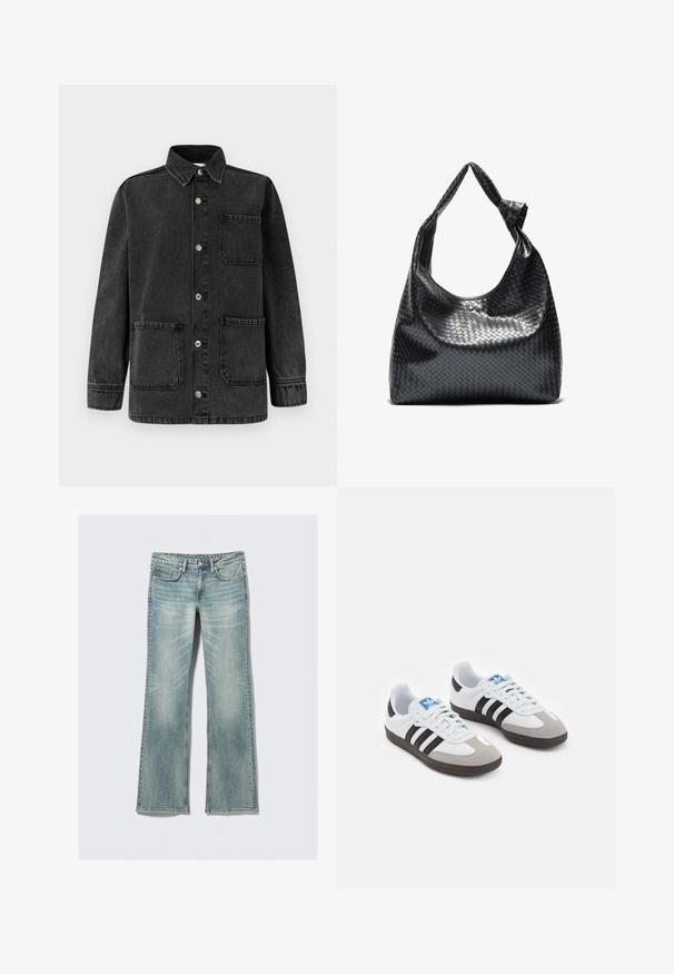 Fekete farmerdzseki galléros kialakítással, két elülső zsebbel és ezüst patentgombokkal. A szövet enyhén kopott hatású textúrával rendelkezik.; Ezüst hosszú ujjú felső kerek nyakkivágással és alul kivágott résszel. Texturált anyagból készült, testhezálló szabással és bővülő ujjakkal.; Világoskék farmernadrág enyhe kopással, öt zsebbel, gombos záródással és egyenes lábakkal fehér háttér előtt.; Fehér bőr felsőrészes sportcipő, szürke velúrból készült orral és három fekete csíkkal. Jellemzője a kék logó a nyelvén és egy texturált gumitalp.; Fekete szőtt bőr kézitáska laza dizájnnal, csomózott pánttal és egy kis díszes arany szegeccsel a tetején.