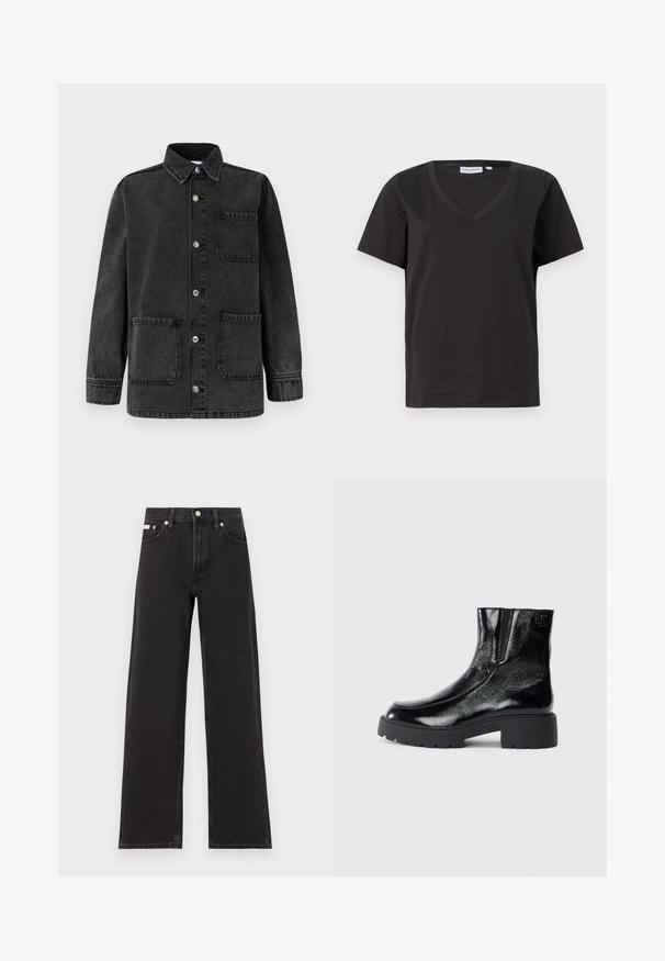 Chaqueta de mezclilla negra con diseño de cuello, dos bolsillos delanteros y botones a presión plateados. La tela tiene una textura ligeramente desgastada.; Camisa de algodón negra con cuello en V y mangas cortas. Diseño simple con un corte regular y sin patrones ni acentos.; Jeans anchos de mezclilla negros, con cintura alta, cinco bolsillos y cierre de botón metálico con costuras contrastantes.; Botines negros con acabado de charol brillante, suela de goma negra gruesa y tacón elevado; incluye un sutil detalle del logo en el lateral.
