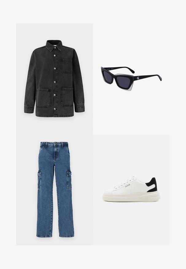 Mustast teksstiilist jakk, millel on krae, kaks esist taskut ja hõbedased trukid. Kangal on kerge kulunud muster.; Puuvillane T-särk horisontaalsete tumesiniste triipudega valgel taustal. Rinnal on kiri "Tommy Hilfiger" kantud kursiivis. Ümmargune kaelus.; Sinine denimist cargo püksid lõdva istumisega, millel on kaks küljetaskut, tugevdatud õmblused ja sirge jala disain.; Valged nahast tennisetossud paksu valge tallaga, musta sametist kontsakeeuga ja külje peal riigilogo reljeefne kujundus. Lukkeskeem kuue silmaauguga.; Mustad suured mustad prillid geomeetrilise kujuga, tumedate läätsedega ja kontrastse halli detailiga raamidel. Logo käe peal.