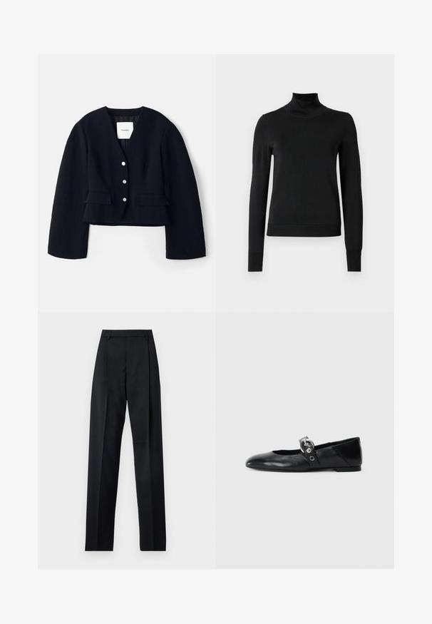Czarna, krótka kurtka z teksturowanej tkaniny, głęboki dekolt w kształcie litery V, pięć srebrnych guzików i dwie kieszenie z klapami z przodu. Podszewka wewnętrzna.; Czarny sweter z długim rękawem i stojącym kołnierzem, z prążkowanymi mankietami i dołem, zaprezentowany na białym tle.; Czarne spodnie wykonane z gładkiego materiału, z wysokim stanem, szerokimi nogawkami, fałdami z przodu i klasycznymi szlufkami na pasek. Brak widocznych kieszeni bocznych.; Czarne skórzane baletki z wąskim noskiem, z paskiem z okrągłą metalową klamrą i płaską podeszwą.