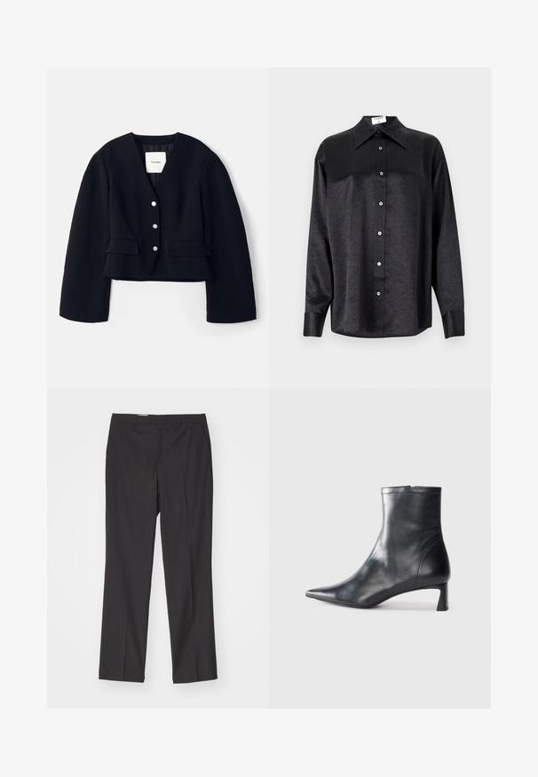 Melnā, īsā jaka ar teksturētu audumu, dziļu V-veida kakla izgriezumu, pieciem sudraba pogām un divām atloka kabatām priekšā. Oderēts iekšpuses.; Melnas garām piedurknēm krekls ar apdari, kas piedāvā samocītu tekstūru, pilnu pogu priekšpusi un aproces. Izgatavots no gludas auduma.; Melnas pielāgotas bikses ar taisnu kāju dizainu, ar jostu cilpām un vienmērīgu tekstūru, izgatavotas no viegla auduma.; Melnas ādas potītes zābaki ar norādītu pirkstu un elegantu dizainu. Iezīmē zemu papēdi un rāvējslēdzēja aizdari aizmugurē. Gluda tekstūra.