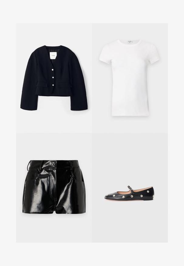 Fekete, rövidített dzseki texturált anyagból, mély V nyakkivágással, öt ezüst gombbal és két zsebre flappal az elején. Bélése van.; Fehér bordás, rövid ujjú póló, kerek nyakkal. Az anyag simának tűnik, testhezálló fazonnal. A márkázott címke a gallérnál látható.; Fekete, fényes sort szintetikus anyagból. Jellemzője a fitted derék, övhurkok és elülső zsebek jellegzetes varrási részletekkel.; Fekete bőr Mary Jane lapossarkú cipő, lekerekített orral, ezüst színű kör alakú szegecsekkel és állítható pánttal, csattal.