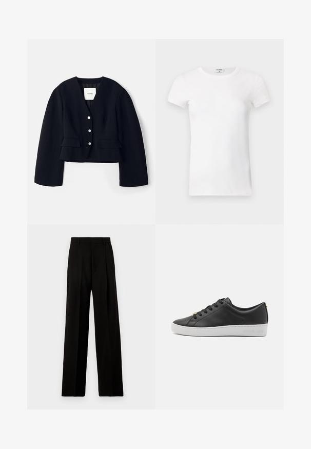 Juodas, trumpas švarkas su tekstūruotu audiniu, giliu V formos iškirpimu, penkiais sidabriniais mygtukais ir dviem kišenėmis su atlapais priekyje. Su pamušalu vidus.; Balta, raibota trumpa rankovėmis marškinėliai su apvaliu kaklu. Audinys atrodo lygus ir prigludęs. Prekės ženklo etikete matoma prie apykaklės.; Juodos plačios kojos kelnės, pagamintos iš lygaus audinio, su aukštu liemeniu, priekinėmis raukšlėmis ir švaria, pritaikyta forma be papuošimų.; Juodos odos sportbačiai su balta guma padu, apvaliu pirštu, su raištelių uždarymu ir auksiniais akcentais ant kulno. Textūruotas paviršius su siūlų detalėmis.