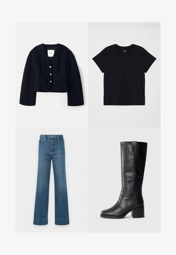 Fekete, rövidített dzseki texturált anyagból, mély V nyakkivágással, öt ezüst gombbal és két zsebre flappal az elején. Bélése van.; Fekete, rövid ujjú póló, amely puha pamutból készült. Klasszikus kerek nyakú dizájn, egyszerű, díszítetlen felülettel és laza szabással.; Széles szárú kék denim farmerek magas derékkal, öt zsebes kialakítással és rojtos szegéllyel rendelkeznek. Az anyag sima textúrájú, enyhén kopott hatással.; Fekete bőr, térd fölé érő csizmák sima textúrával, négyzetes orral, tömbsarkúval és oldalsó húzófüllel, minimális varrási részletekkel.