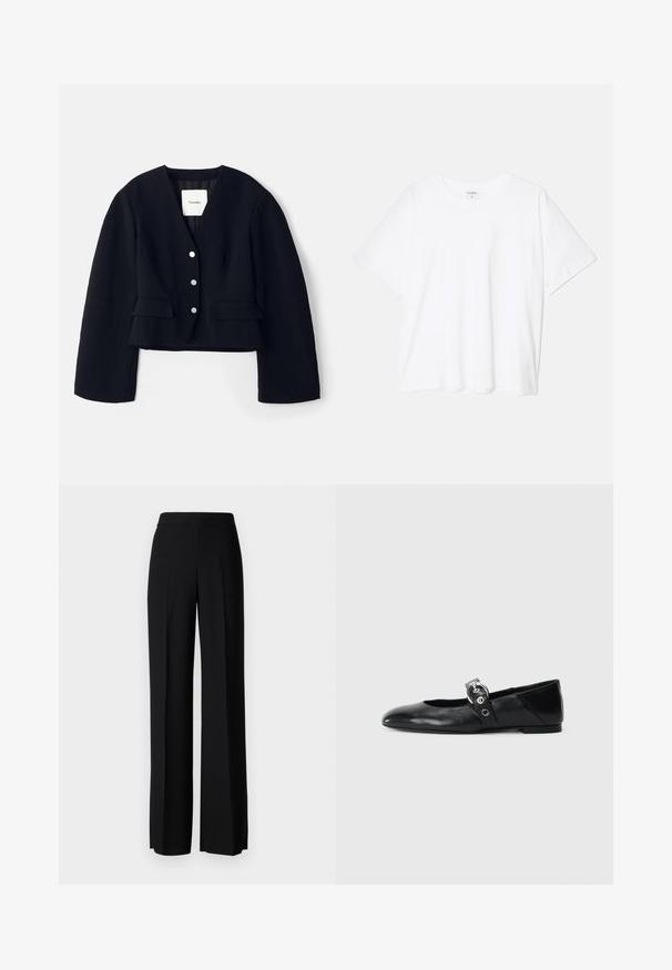 Melnā, īsā jaka ar teksturētu audumu, dziļu V-veida kakla izgriezumu, pieciem sudraba pogām un divām atloka kabatām priekšā. Oderēts iekšpuses.; Balta kokvilnas T-krekls ar īsām piedurknēm, apaļu dekoltē, brīva piegriezuma un šūtu apakšmalu. Etiķete redzama iekšējā kakla daļā.; Melni platleği bikses ar gludu tekstūru, ar augstu jostasvietu un centrālajām krokām. Nav redzamu rakstu vai aparatūras detaļu.; Melnas ādas baleta kurpes ar smailu purngalu, ar siksniņu ar apaļu metāla sprādzi un platu zoli.