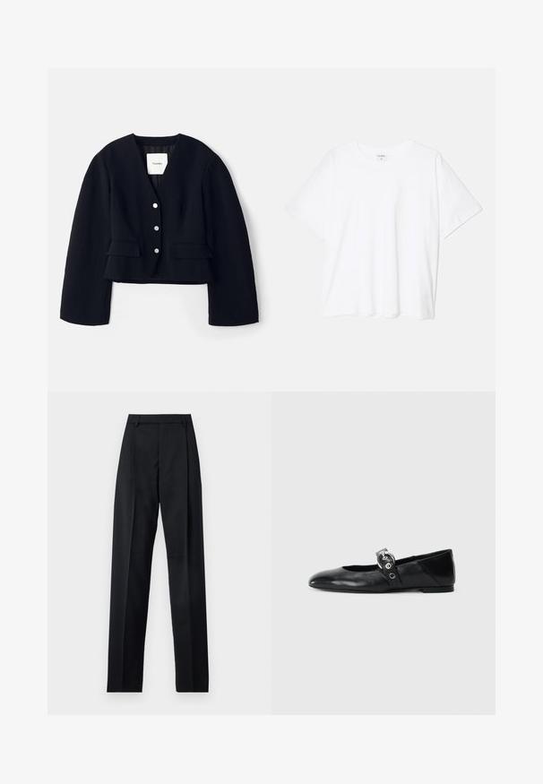 Musta, lühike jakk tekstuurse kangaga, sügava V-kaelusega, viie hõbedase nööbiga ja kahe klapiga taskuga ees. Voodil siseosa.; Valge puuvillane T-särk lühikeste varrukatega, ümmargune kaelus, mugav lõige ja õmmeldud serv. Silt nähtav kaela seest.; Mustad püksid siledast kangast, millel on kõrge vöökoht, laiad jalad, esimesed kortsud ja klassikalised vööloopid. Küljepockets pole nähtavad.; Mustadest nahast balleti kingad terava varbaga, millel on rihm ümmarguse metallist pandlaga ja lame tald.