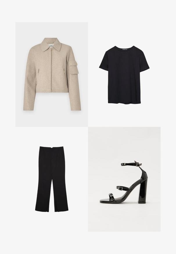 Beige cropped jacket with a collared neck, front zip closure, side pockets, and a patch pocket on the sleeve with gold-tone hardware accents.; Plain short-sleeve black cotton T-shirt with crew neck, displayed on a white background.; Black trousers with a straight fit, featuring front pockets and side slits at the hem. Made of soft, smooth fabric. Suitable for various occasions.; Black patent heeled sandals with a square toe, ankle straps, and silver buckles. Features a chunky block heel for stability.