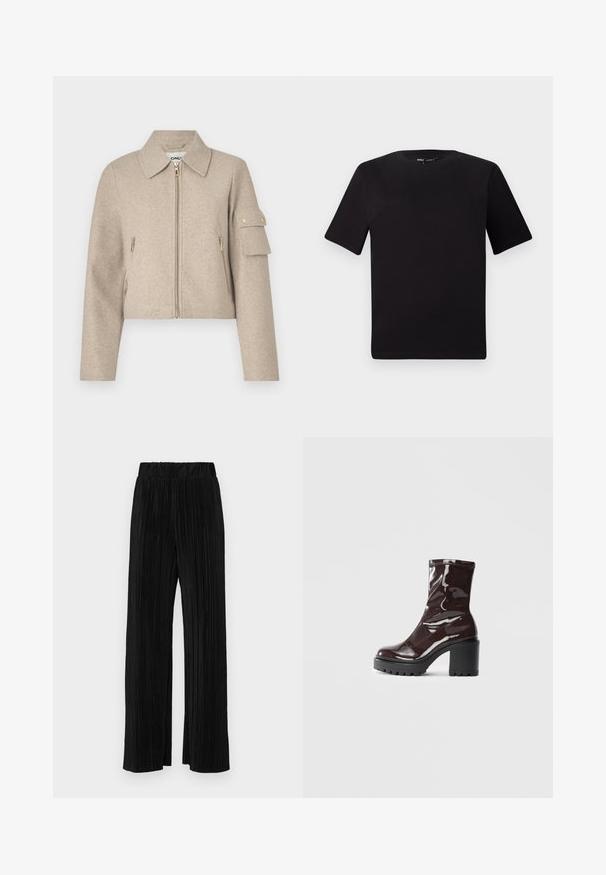 Bežinė trumpa striukė su apykakle, priekinio užtrauktuko uždarymu, šoninėmis kišenėmis ir pleistro kišene ant rankovės su auksinės spalvos detalėmis.; Juodas trumpas rankovės marškinėlis su apvaliu iškirpimu, pagamintas iš minkštos medvilnės medžiagos. Paprastas dizainas, be matomų logotipų ar raštų.; Juodi plisuoti kelnės su elastine juosta. Turėkite plačias kojas ir glotnų, tekstūrinį audinį su vertikaliais dryžiais.; Blizgus burgundių spalvos kulknapis su tankiu juodu kulnu, pasižymintis lygiu paviršiumi ir paprastu dizainu. Nėra matomų užsegimų ar raštų.