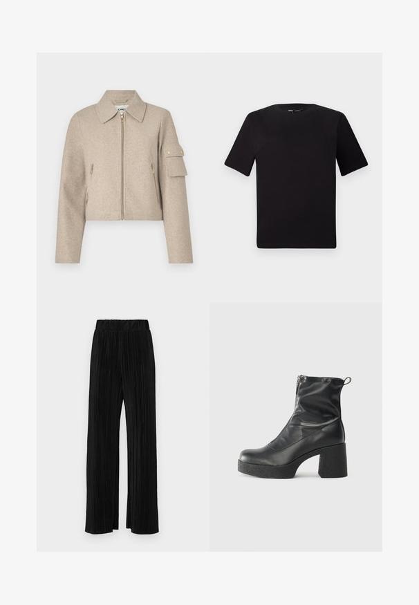 Jachetă scurtă bej cu guler, închidere cu fermoar frontal, buzunare laterale și un buzunar aplicat pe mânecă, cu accente din metal cu ton auriu.; Tricou scurt negru cu mânecă scurtă și guler rotund, realizat dintr-un material de bumbac moale. Design simplu, fără logo-uri sau modele vizibile.; Pantaloni negri plisati cu talie elastică. Prezintă picioare largi și un material neted, texturat, cu dungi verticale.; Bocanci negri de glezna din piele netedă, cu fermoar lateral, toc texturat și masiv, și design cu vârf rotund.