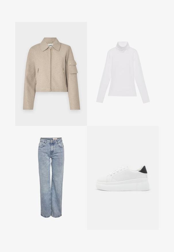 Veste courte beige avec un col, fermeture éclair à l'avant, poches latérales et une poche à patch sur la manche avec des accents en métal doré.; Haut à col roulé à manches longues blanc, fabriqué en tissu lisse et extensible. Il présente un col haut et une coupe ajustée, sans motifs ni embellissements visibles.; Jeans larges bleu clair en denim, dotés d'une taille haute, d'un design à cinq poches et d'un léger dégradé pour un aspect usé.; Baskets plates blanches en matériau synthétique lisse, avec un bout arrondi, un design à lacets et une semelle en caoutchouc texturé. Accent de talon noir.