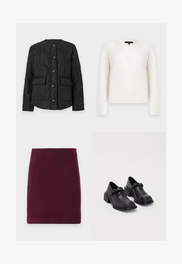 Czarna pikowana kurtka z okrągłym dekoltem, z sześcioma guzikami, dwoma kieszeniami z przodu oraz teksturowanymi wzorami przeszycia. Gładkie wykończenie tkaniny.; Biały sweter z splotem w warkocze, z długimi rękawami, okrągłym dekoltem i ozdobnym akcentem z pereł w okolicy kołnierza. Miękka tekstura i dopasowany krój.; Vero Moda VMFORTUNALLISON bordowy; Czarna skórzana obuwie z zaokrąglonym czubkiem, płaską podeszwą i paskiem z klamrą. Grubszy blokowy obcas dla dodatkowej stabilności.