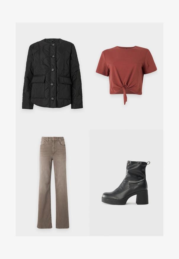 Must mustriga jope ümmarguse kaelusega, millel on kuus nööpi, kaks esfronti taskut ja tekstuuriga õmblusmustreid. Sile kangast viimistlus.; Roostevärvi lühikeste varrukatega pehme puuvillane lühike särk, millel on sõlmedetail ees. Sile tekstuur, ümmargune kaelus.; Pruunid kõrge vöökohtadega sirged teksad, millel on ees nupp, vöölõngad ja klassikaline viie tasku disain valgel taustal.; Mustad mustad ansapüksid, mis on valmistatud siledast nahast, külje zipperiga, paksu tekstuuriga kontsaga ja ümmarguse nina disainiga.