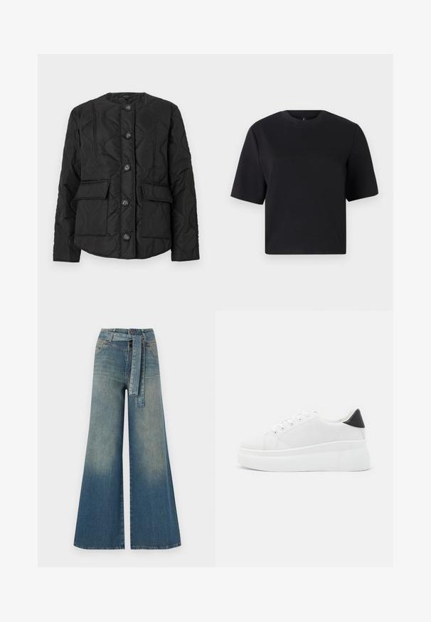 Svart quiltet jakke med rund hals, med seks knapper, to frontlommer og teksturerte søm-mønstre. Glatt stofffinish.; Svart T-skjorte med korte ermer, rund hals, laget av glatt bomullsstoff; løs passform, minimalistisk design, ingen synlige mønstre eller detaljer.; Bredde ben jeans med en lyseblå til mørkeblå gradient, høyt liv, beltehemper og et matchende belte i samme stoff. Teksturert denimoverflate.; Hvite plattform sneakers laget av glatt syntetisk materiale, med rund tå, snøring og en strukturert gummisåle. Svart hæl akcent.