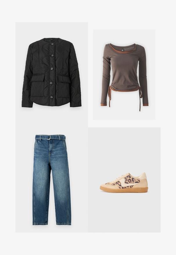 Juodas krautuvas su apvaliu kaklu, turintis šešis mygtukus, dvi priekinės kišenes ir tekstūrinius siuvimo raštus. Lygi audinio danga.; Rudas ilgas rankovėmis palaidinė su apvaliu kaklu, puošta susiraukšlėjusių audinio elementu, kuris surišamas ties liemeniu, ir kontrastingomis rudomis detalėmis ant rankovių ir apatinės dalies.; Mėlynos džinsinės kelnės su aukštu juosmeniu, plačiomis kojomis ir diržo kilpa su metaliniu žiedu. Audinyje matomi nudilimo ir subtilios šviesinimo detalės.; Leopardų rašto sportiniai batai su smėlio spalvos zomšiniu viršumi, rusvu guminiu padu ir baltais akcentais. Apvalus nosis ir raištelių užsegimas su tekstūruotu paviršiumi.