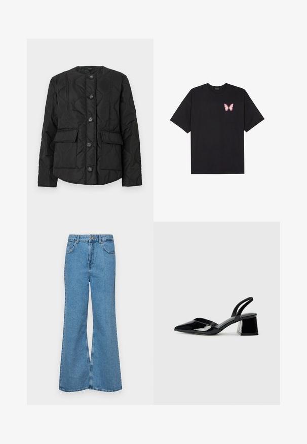 Melnā austa jaka ar apaļu kakla izgriezumu, kas rotāta ar sešām pogām, divām priekšējām kabatām un fakturētu šuvju rakstu. Gluda auduma apdare.; Melna kokvilnas T-krekls ar īsām piedurknēm, kuram priekšā kreisajā pusē ir neliels rozā tauriņa grafiskais attēls. Ar apaļu kaklu un brīvā stila piegriezumu.; Gaiši zili, platā piegriezuma džinsi, kas izgatavoti no denima, ar augstu jostasvietu, piecām kabatām un vienu pogu. Mīksta tekstūra ar nolietotu apdari.; Melna lakota āda ar atvērto papēdi, ar smailu purngalu un ģeometrisku blokpapēdi. Iezīmējas elegants, minimāls dizains un gluda tekstūra.