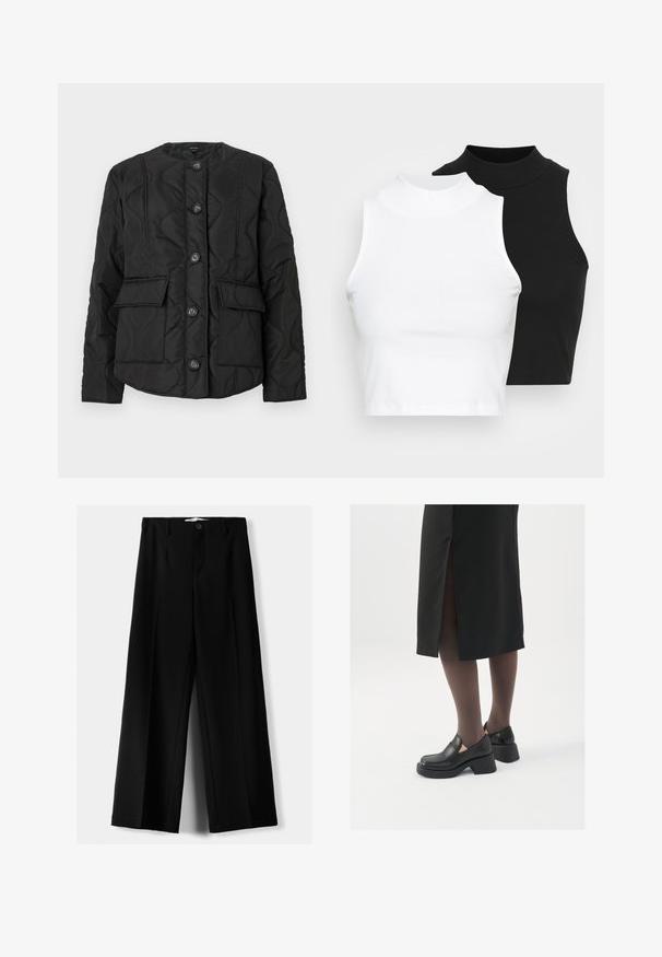 Black quilted jacket with a round neckline, featuring six buttons, two front pockets, and textured stitching patterns. Smooth fabric finish.; Two sleeveless ribbed turtleneck tops in black and white, featuring a fitted design and smooth texture, with cropped length.; Black wide-leg trousers made of lightweight fabric, featuring a front button closure and flat front, with neatly stitched hems.; Black leather shoes with a rounded toe, thick block heel, and elastic side accents, paired with dark tights and a black skirt with a slit.