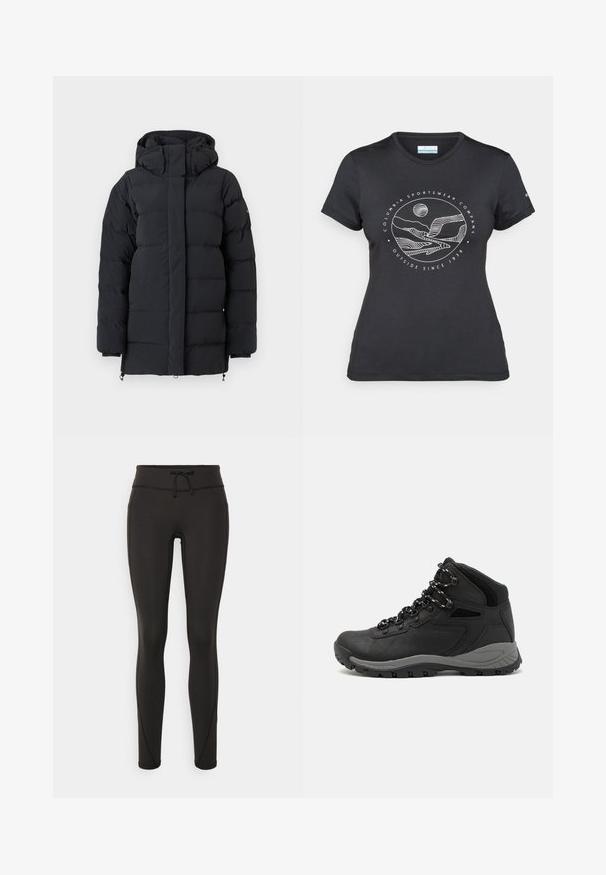 Czarna, ocieplana zimowa kurtka z wysokim kołnierzem i kapturem, charakteryzująca się długimi rękawami i zamek błyskawicznym z przodu, zakrytym klapą.; Czarny t-shirt Columbia z białą okrągłą grafiką gór i rzeki oraz napisem "Columbia Sportswear Company Outside Since 1938."; Czarne legginsy z wysokim stanem, sznurkiem do regulacji, gładką teksturą i dopasowanym krojem. Posiadają detale w postaci przeszyć po bokach.; Czarne buty trekkingowe z średnim cholewem, z teksturowaną cholewą, szarymi akcentami oraz trwałą gumową podeszwą z wypustkami zapewniającymi przyczepność.