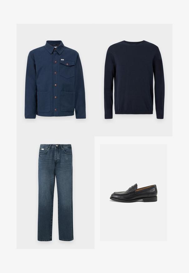 Námorně modrá bavlněná bunda s límcem, předními knoflíky, dvěma velkými bočními kapsami a kapsou na hrudi. Obsahuje hnědé kovové detaily.; Námořnický modrý pletený svetr s dlouhými rukávy, kulatým výstřihem a ribbovanými manžetami a lemem. Má malé logo na hrudi.; Tmavě modré džínové kalhoty se straight fit, pěti kapsami, poutky na opasek a zipovým zapínáním. Hladká textura s jemnými detaily vyblednutí.; Černé kožené mokasíny s hladkým povrchem, zaoblenou špičkou a dekorativním prošíváním na svršku. Nízký podpatka a mírný lesk.