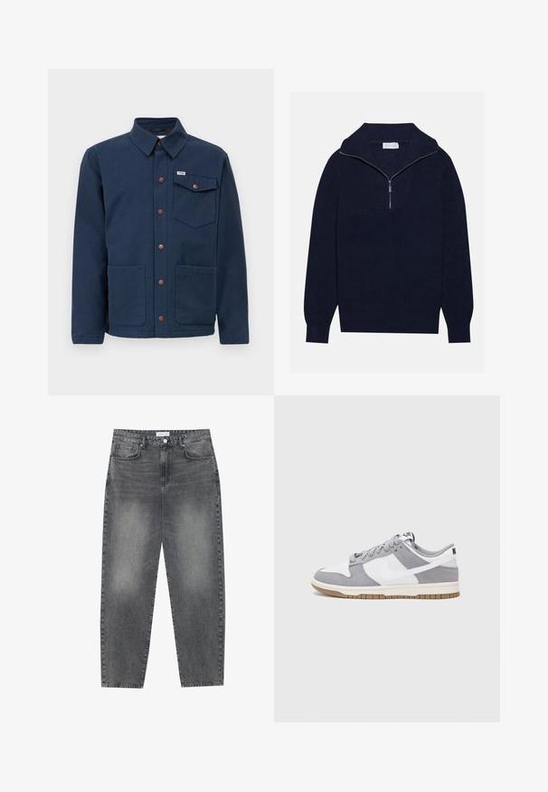 Marineblå bomullsjakke med krage, frontknapper, to store frontlommer og en brystlomme. Har brune metallakenter.; Marineblå strikkegenser med halv-zip krage, med ribbet tekstur og et V-formet design på forsiden. Lange ermer og tettsittende kant.; Høyt liv, løstsittende jeans i falmet svart denim. Har fem lommer, beltehemper og et rent, rett ben-design.; Grå og hvite sneakers med overdel i semsket skinn og lær, rund tå, flate lisser, og gummisåle med gummibelegg.