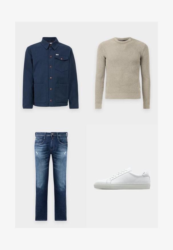 Marineblauwe katoenen jas met een kraag, knopen aan de voorkant, twee grote voortassen en een borstzak. Bevat bruine metalen accenten.; Beige gebreide trui met lange mouwen, geribde manchetten en zoom, ronde hals, gestructureerd patroon, gemaakt van zacht materiaal.; Blauwe denim jeans met een reguliere pasvorm, voorzien van een vervaagde wassing, lichte slijtage, vijf zakken en contrasterende stiksels. Knopen sluiting bij de taille.; Witte sneaker met een gladlederen bovenwerk en een laag profiel. Voorzien van een ronde neus, zes vetergaatjes en een gestructureerde rubberen zool.