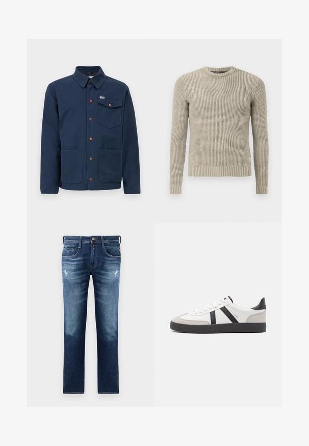 Veste en coton bleu marine avec un col, des boutons sur le devant, deux grandes poches avant et une poche poitrine. Présente des accents en métal marron.; Pull en tricot beige avec des manches longues, poignets et ourlet côtelés, col rond, motif texturé, fabriqué à partir de matériau doux.; Jean en denim bleu avec une coupe régulière, présentant un lavage délavé, un léger distress, cinq poches et des coutures contrastées. Fermeture à bouton à la taille.; Baskets blanches avec des accents noirs et gris, présentant un embout texturé gris, une semelle en caoutchouc noir et des lacets plats blancs. Design épuré, style minimaliste.