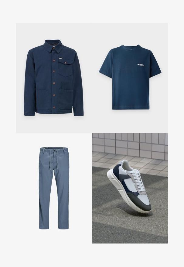 Tummansininen puuvillatakki, jossa on kaulus, etunapit, kaksi suurta etutaskua ja rintatasku. Varustettu ruskeilla metallikoristeilla.; Laivansiniset puuvillapaidat, joissa on lyhyet hihat ja pyöreä kaula-aukko. Vasen rinta-alue on varustettu pienellä valkoisella logolla. Pehmeä rakenne.; Siniset, kevyet puuvillahousut, joissa on naru vyötäröllä, nappisuljenta ja sivutaskut. Suora lahkeiden muoto, ilman näkyviä kuvioita.; Valkoinen, laivastonsininen ja harmaa tennari sekamateriaalimuotoilulla, jossa on teksturoitu päällinen, litteät nauhat ja pehmustettu pohja.