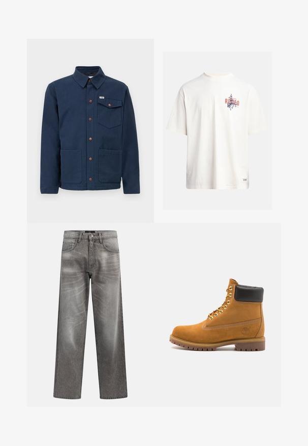 Navy zila kokvilnas jakas ar apkakli, priekšējiem pogām, divām lielām priekšējām kabatām un krūšu kabatu. Iezīmēts ar brūniem metāla akcentiem.; Krēmkrāsas kokvilnas T-krekls ar īsām piedurknēm un apaļu kakla izgriezumu. Ar zilas un sarkanas krāsas grafisku druku, kas ietver tekstu un motīvu.; Pelēkas džinsa bikses ar platiem galiem un izbalējušu apdari, klasiskā piecu kabatu dizains un metāla pogas aizdare. Fakturēts audums ar smalkām nodiluma detaļām.; Brūna zamša potīte ar melnu izšuvumu ap kaklu, zelta metāla acu caurumi, balta šuvju apdare un izturīgs gumijas zole ar izteiktu zīmējumu.
