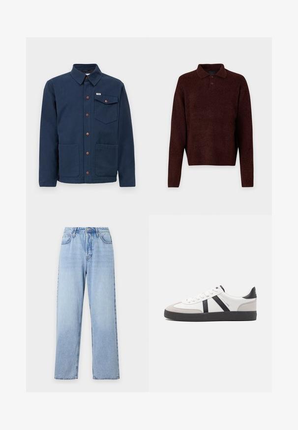 Mörkblå bomullsjacka med krage, knappar framtill, två stora framfickor och en bröstficka. Har bruna metallaccenter.; Brun stickad tröja med polo-krage, tre knappar vid nacken och långa ärmar. Mjuk textur, ribbade manschetter och fåll.; Ljust blå denimjeans med rak passform, hög midja, fem fickor och knäppning med övre knapp. Har en blek tvätt och kontrasterande sömmar.; Vit sneaker med svarta och grå accenter, med en strukturerad grå tådel, svart gummisul, och platta vita skosnören. Ren design, minimalistisk stil.