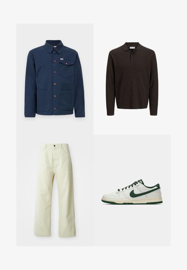 Navy blue cotton jacket with a collar, front buttons, two large front pockets, and a chest pocket. Features brown metal accents.; Brown long-sleeve polo shirt made of textured fabric. Features a classic collar and three front buttons. Casual fit with ribbed cuffs.; Light yellow, wide-leg trousers made of denim, featuring a front button closure, five pockets, and straight, unembellished design.; White low-top sneaker with dark green Nike swoosh, laces, and sole accents, shown in profile on a plain white background.
