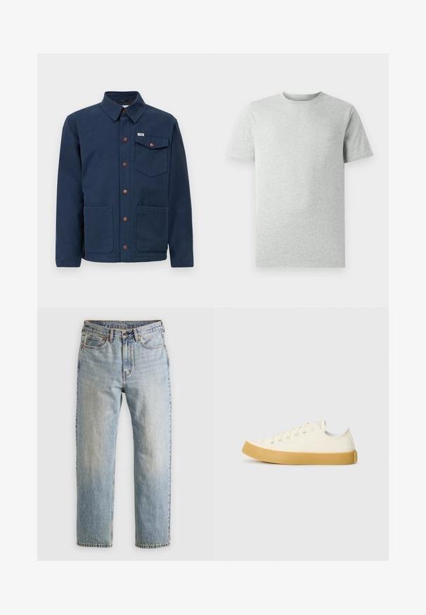 Dunkelblaue Baumwolljacke mit Kragen, Frontknöpfen, zwei großen Vordertaschen und einer Brusttasche. Mit braunen Metallelementen.; Ein einfarbiges, hellgraues T-Shirt mit kurzen Ärmeln und Rundhalsausschnitt, auf einem weißen Hintergrund, Frontansicht, ohne sichtbare Logos oder Designs.; Helle blaue Jeans mit hoher Taille, Frontknopf, Reißverschluss und fünf Taschen-Design, flach auf einem neutralen Hintergrund ausgelegt.; Leinensneaker in Off-White mit runder Zehenpartie, ausgestattet mit beigen Gummisohlen und fünf Ösen für Schnürsenkel, mit strukturiertem Finish auf dem Obermaterial.
