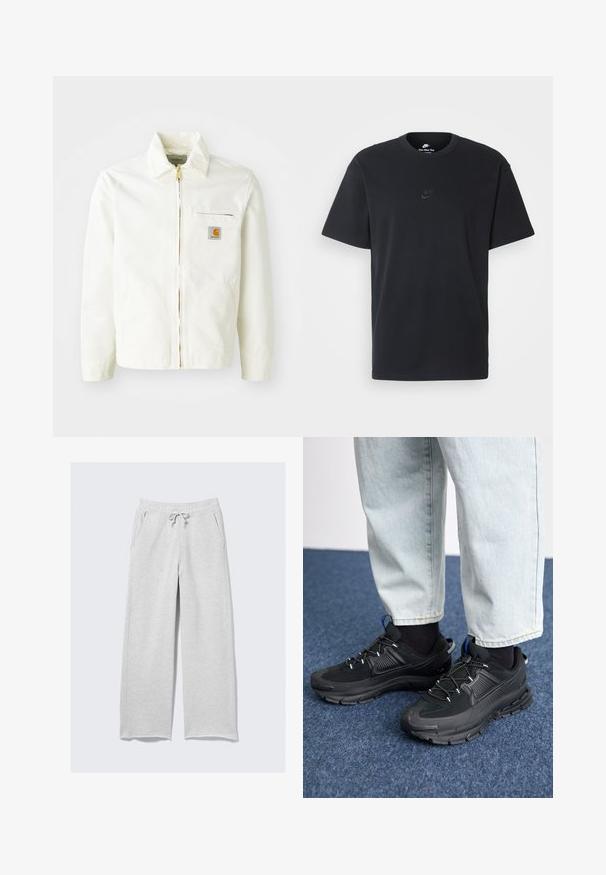 Witte katoenen jas met een kraag, gouden rits en borstzak met een logo-patch. Inclusief zijzakken en een relaxte pasvorm.; Zwarte katoenen t-shirt van Nike met een klassieke ronde hals, korte mouwen en een subtiele, reliëflogo op de borst. Gladde textuur.; Lichtgrijze joggingsbroek van zachte stof, met een elastische tailleband met trekkoord en zijzakken. Losse, recht gesneden pasvorm.; Zwarte sportschoenen met gestructureerde stof en rubberen zolen, met elastische veters en een blauwe accent op de hiel. Draag samen met lichte spijkerbroeken.