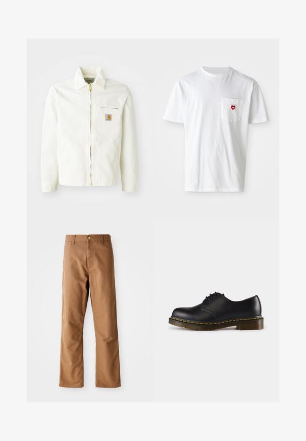 Hvit bomullsjakke med krage, gullglidelås og brystlomme med logo-patch. Inkluderer sidelommer og en avslappet passform.; Hvit bomulls t-skjorte med rund hals og korte ermer. Har en liten rød hjerte-logo på venstre brystlomme.; Brune rette bukser med bæltestropper, frontlommer, knaplukning og lynlås på en hvid baggrund.; Sorte skinnsko med rund tå, snøringsdesign, gul søm langs sålen og en kraftig, teksturert gummisåle.