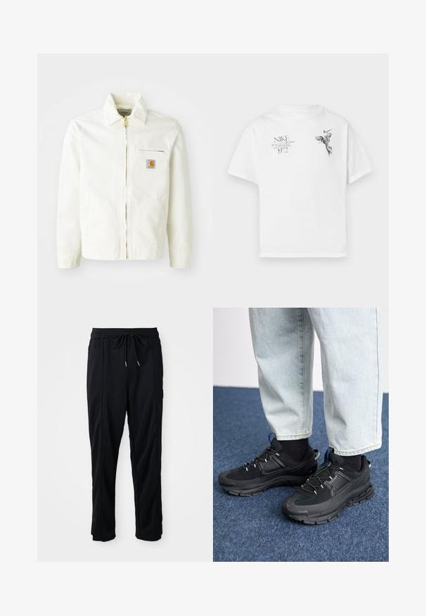 Bela bombažna jakna s ovratnikom, z zlatim zadrgo in žepom na prsih z oznako logotipa. Vključuje stranske žepe in sproščen kroj.; Bela bombažna majica s črnim grafičnim potiskom krilate figure in besedilom, z okroglim izrezom in kratkimi rokavi.; Črne casual hlače z vrvico v pasu, s stranskimi žepi in ravnim rezom na enobarvni podlagi.; Črne športne čevlje z teksturirano tkanino in gumijastimi podplati, ki imajo elastične vezalke ter modre poudarke na peti. Nosi se z lahkimi denim hlačami.
