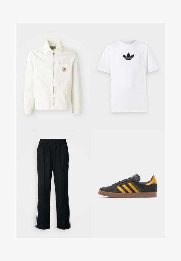 Balta medvilninė striukė su apykakle, auksiniu užtrauktuku ir krūtine kišenė su logotipo aplikacija. Apima šonines kišenes ir laisvą siluetą.; Baltas medvilnės marškinėliai su juodu Adidas logo centre. Trumpomis rankovėmis ir apvalia kaklo iškirpte. Lygus audinys.; Juodi sportiniai keliai su elastingu juosmeniu, su baltais šonais ir mažu logotipu. Atrodo, kad medžiaga yra minkšta ir lengva.; Juodas zomšinės sportbačiai su geltonais akcentais, turintys tris juosteles ir rudą gumos padą. Apima paminkštintą liežuvėlį patogumui.