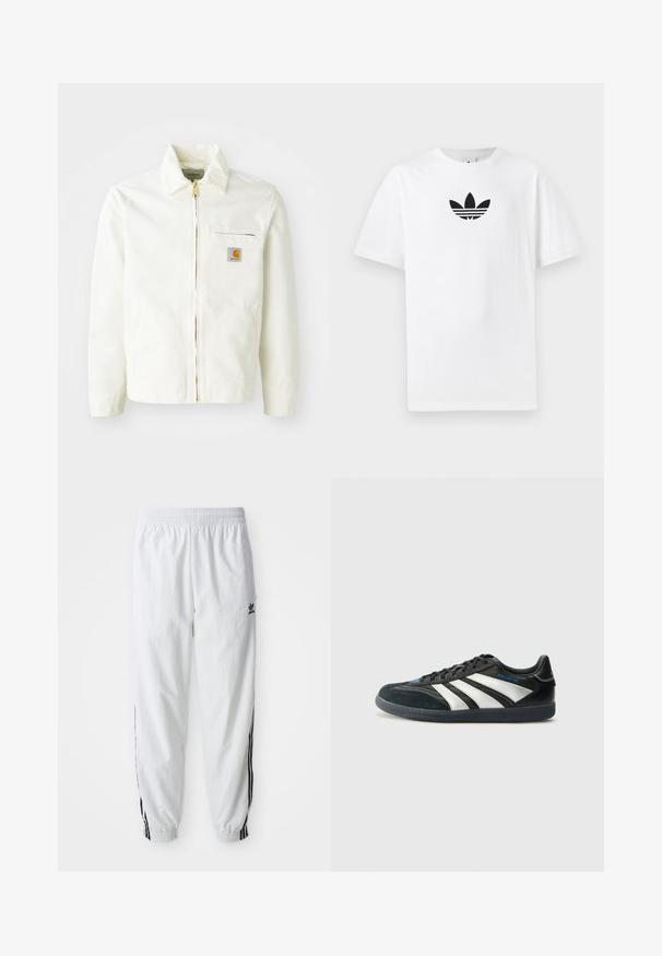 Jachetă din bumbac alb cu guler, fermoar auriu și un buzunar pe piept cu un patch logo. Include buzunare laterale și are o croială lejeră.; Tricou alb din bumbac, având un logo Adidas negru în centrul său. Mâneci scurte și un design cu gât rotund. Textură fină.; Pantaloni atletici albi cu dungi negre pe lateral, talie elastică și manșete; prezintă logo-ul Adidas pe coapsa stângă. Textură a țesăturii netedă.; adidas Performance PREDATOR FREESTYLE JUDE INDOOR FOOTBALL SHOES - Ghete de fotbal de sală - core black/silver-coloured/glory blue