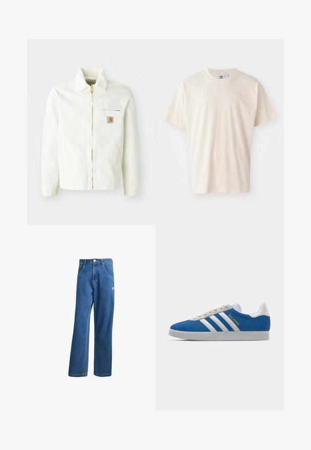 Bílá bavlněná bunda s límcem, zlatým zipem a náprsní kapsou s logem. Obsahuje boční kapsy a volný střih.; Krémové bavlněné tričko s kulatým výstřihem a krátkými rukávy; na hrudi je umístěno malé světlé logo.; Modré vysoké široké džíny s vysokým pasem, předními kapsami, poutky na opasek, knoflíkovým zapínáním a malým logem Adidas na pravém stehně.; adidas Originals ADIDAS GAZELLE SHOES - Sálové kopačky - real madrid/bluebird/footwear white/crew yellow