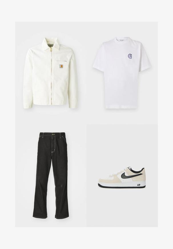 Valkoinen puuvillatakki, jossa on kauluksellinen kaula, kultainen vetoketju ja rintatasku, jossa on logopatch. Sisältää sivutaskut ja rento istuvuus.; Valkoinen puuvillainen lyhythihainen T-paita, jossa pyöreä kaula-aukko ja vasemmassa rinnassa pieni, kirjailtu sininen "C"-logo.; Mustat farkut, joissa on löysä istuvuus, erottuva valkoinen ompelu, nappikiinnitys ja suora lahje.; Juoksukengät, joissa on vaalea beige mokka- ja valkoiset nahkaketju, musta Nike-logoelementti, mustat yksityiskohdat ja valkoinen kumipohja, jossa on "AIR"-brändäys.