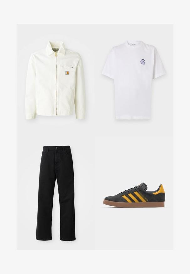 White cotton jacket with a collared neck, gold zipper, and chest pocket featuring a logo patch. Includes side pockets and a relaxed fit.; White cotton t-shirt with short sleeves, round neckline, and a small, embroidered blue "C" logo on the left chest area.; Black denim pants with a straight cut, featuring front pockets, a zip fly, and a single top button. Textured fabric with a matte finish.; Black suede sneaker with yellow accents, featuring three stripes and a brown rubber sole. Includes a padded tongue for comfort.