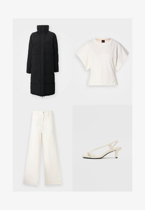 Melnā pildītā mētelis ar augstu apkakli, garām piedurknēm un sānu kabatām; tam ir taisna forma un gluda, teksturēta auduma virsma.; Balts īsais T-krekls, plašas īsas piedurknes, mīksts kokvilnas materiāls, apaļa kakla izgriezums ar delikātu oranžu apdari, minimāls dizains, bez rakstiem vai grafikām.; Platākas kāju bikses gaiši pelēkā kokvilnā. Iespējams augsts jostasvieta, priekšējās kabatas un taisna griezuma. Tīrs apakšmalas apdare bez rakstiem.; Beige bloku papēžu sandales ar plānām siksnām un kvadrāta formas purngalu. Gluda materiāla virsma ar minimālām detaļām, paredzētas ērtai nēsāšanai.