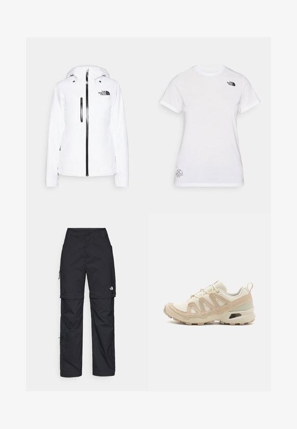 The North Face - Kurtka narciarska; Biała koszulka bawełniana z czarnym logo na lewej piersi i szarym graficznym wzorem w prawym dolnym rogu. Klasyczny okrągły dekolt i krótkie rękawy.; Czarne nylonowe spodnie cargo z odpinanymi nogawkami, regulowanymi mankietami, wieloma kieszeniami oraz logo na prawej nogawce. Gładka, lekka tekstura.; Beżowe i kremowe buty sportowe z teksturowanej siateczki, wspierającymi nakładkami oraz gumową podeszwą z wzorem bieżnika zapewniającym przyczepność.