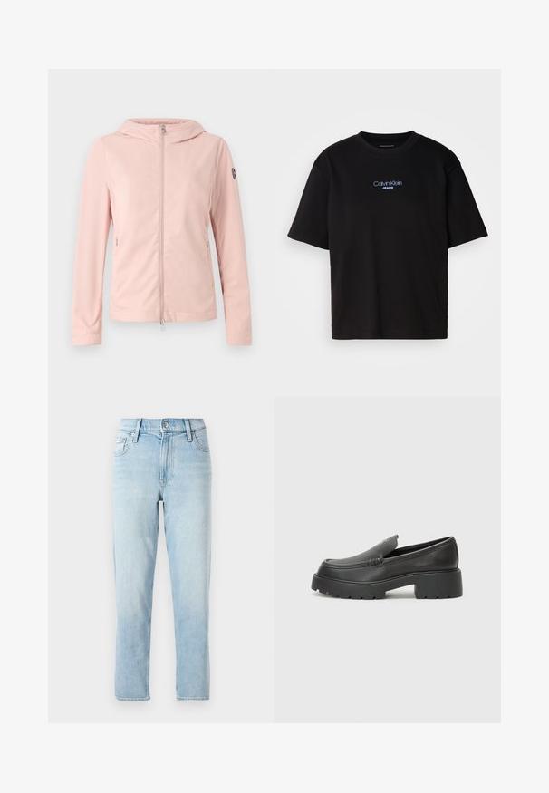 Ανοιχτό ροζ ζακέτα με φερμουάρ και κουκούλα, φτιαγμένη από λείο ύφασμα. Διαθέτει πλαϊνές τσέπες και ένα μικρό λογότυπο στο αριστερό μανίκι.; Μαύρο βαμβακερό t-shirt με στρογγυλή λαιμόκοψη, κοντά μανίκια και μπλε κεντημένο λογότυπο "Calvin Klein JEANS" στην μπροστινή πλευρά.; Ανοιχτό μπλε τζιν παντελόνι, κατευθείαν γραμμή, μέσης μέσου ύψους, με στυλ πέντε τσεπών και κουμπί κλεισίματος μπροστά.; Μαύρα δερμάτινα loafers με στρογγυλή μύτη, χοντρή υφή σόλας και ελάχιστες ραφές. Κομψός σχεδιασμός χωρίς ορατά κορδόνια ή μεταλλικά στοιχεία.