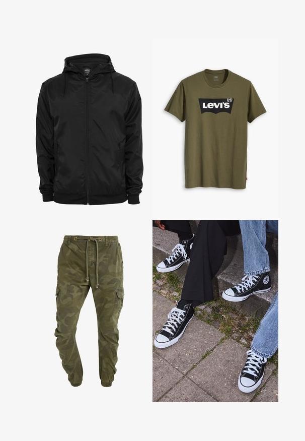 Giacca leggera nera realizzata in materiale lucido, dotata di cappuccio, chiusura frontale con zip e polsini elastici con un morbido rivestimento interno.; T-shirt di cotone verde oliva con un grande logo Levi's nero in una forma semi-arcuata a contrasto sul petto. Vestibilità regolare.; Pantaloni cargo verdi con motivo camouflage, vita con coulisse, polsini elasticizzati e tasche laterali. Realizzati in tessuto resistente.; Sneakers alti neri in tela con suole e lacci bianchi, dotati di un logo circolare di lato e abbinati a pantaloni in denim e neri.