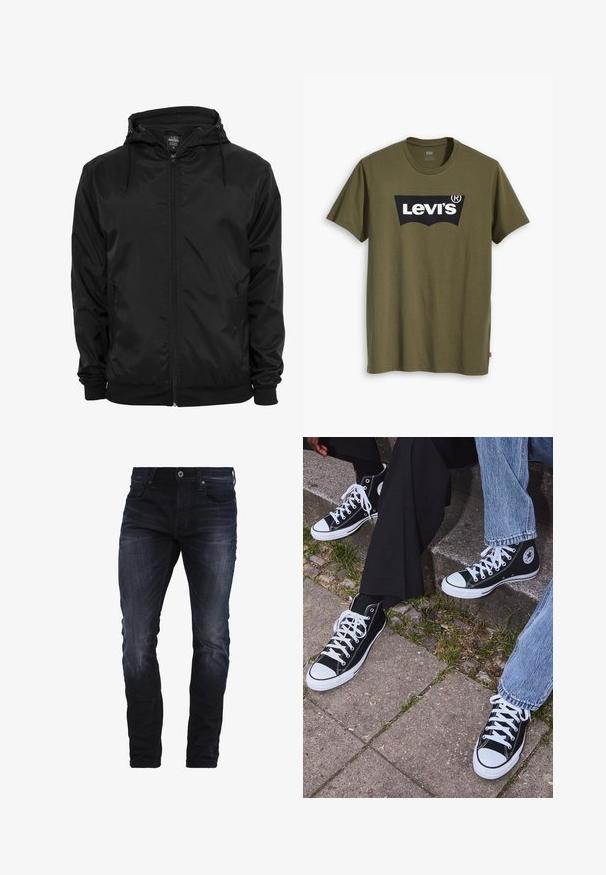 Must värvi kerge jakk, mis on valmistatud läikivast materjalist, varustatud kapuutsiga, ees olevale lukule ja elastsete mansettidega, millel on pehme sisemine vooder.; Õliva rohelise puuvillase T-särgiga, millel on suur must Levi'si logo kollase poolkaarekujulisena üle rinna. Regulaarne lõige.; Tumed sinised kitsas lõikega teksad, millel on kerge pleekimine reite ja põlvede piirkonnas, esipockets, vöörihmade jaoks augud ja nööbiga kinnitamine.; Mustad musta värvi kõrged kanvasist tossud valgete kummitaldade ja nööridega, külgedel ringikujuline logo ning kombineeritud denimist ja mustade pükstega.