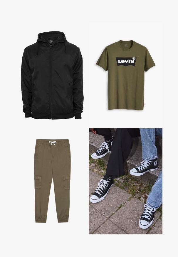 Juodas lengvas švarkas, pagamintas iš blizgios medžiagos, turintis gobtuvą, priekinį užtrauktuką ir elastingas rankoves su minkštu vidiniu pamušalu.; Alyvuogių žalios spalvos medvilniniai marškinėliai, ant krūtinės didelis juodas Levi's logotipas pusiau lankiniu kontrastingu raštu. Reguliarios formos.; Khaki krovinių kelnės su elastingu juosmeniu ir užtrauktuku, su šoninėmis kišenėmis ir sutrauktomis kulkšnėmis. Pagamintos iš tekstūruotos, lengvos medžiagos.; Juoda aukšta avalynė iš kanvos su baltais guminiais padais ir raišteliais, su apvaliu logotipu šone, derinama su džinsais ir juodomis kelnėmis.