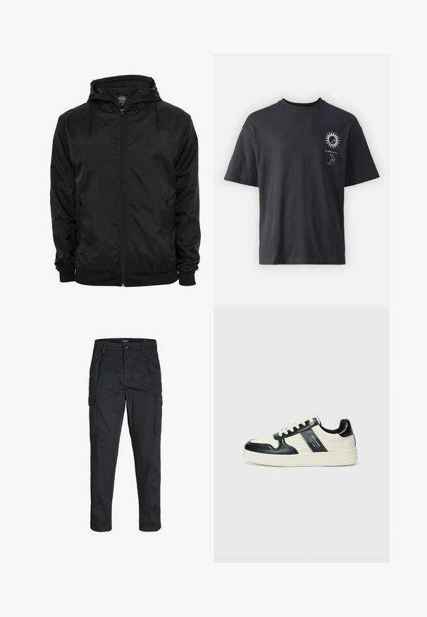 Jachetă neagră ușoară dintr-un material lucios, cu glugă, fermoar frontal și manșete elastice, având un căptușeală moale în interior.; Tricou din bumbac negru, cu mâneci scurte, guler rotund și grafica frontală a unui soare și a unei luni, însoțită de textul "Le Soleil et La Lune."; Pantaloni cargo negri dintr-un material rezistent, cu multiple buzunare, închidere cu nasture și un design slim fit cu picioare conice.; Tenisi din piele cu un scheme de culori negru și crem, dotati cu accente perforate, guler căptușit și o talpă texturată.