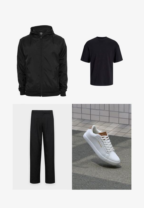 Czarna lekka kurtka wykonana z błyszczącego materiału, z kapturem, przednim zamkiem błyskawicznym i elastycznymi mankietami oraz miękką podszewką.; Czarna bawełniana koszulka z okrągłym dekoltem, krótkimi rękawami i luźnym krojem. Gładka tekstura, bez widocznych wzorów czy akcentów.; Czarne spodnie wykonane z gładkiego materiału, z prostą nogawką, dwoma fałdami z przodu oraz standardowym paskiem z wypustkami na pasek.; Białe skórzane sneakersy o gładkiej fakturze, z brązowym akcentem na pięcie, złotym logo po boku oraz gumową podeszwą z teksturowanym bieżnikiem.